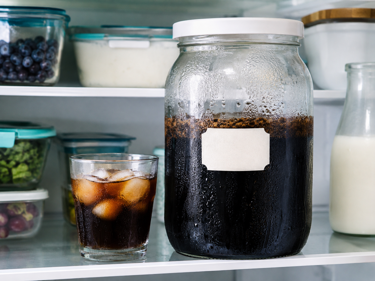 A large jar of cold brew and a finished glass over ice on a refrigerator shelf.