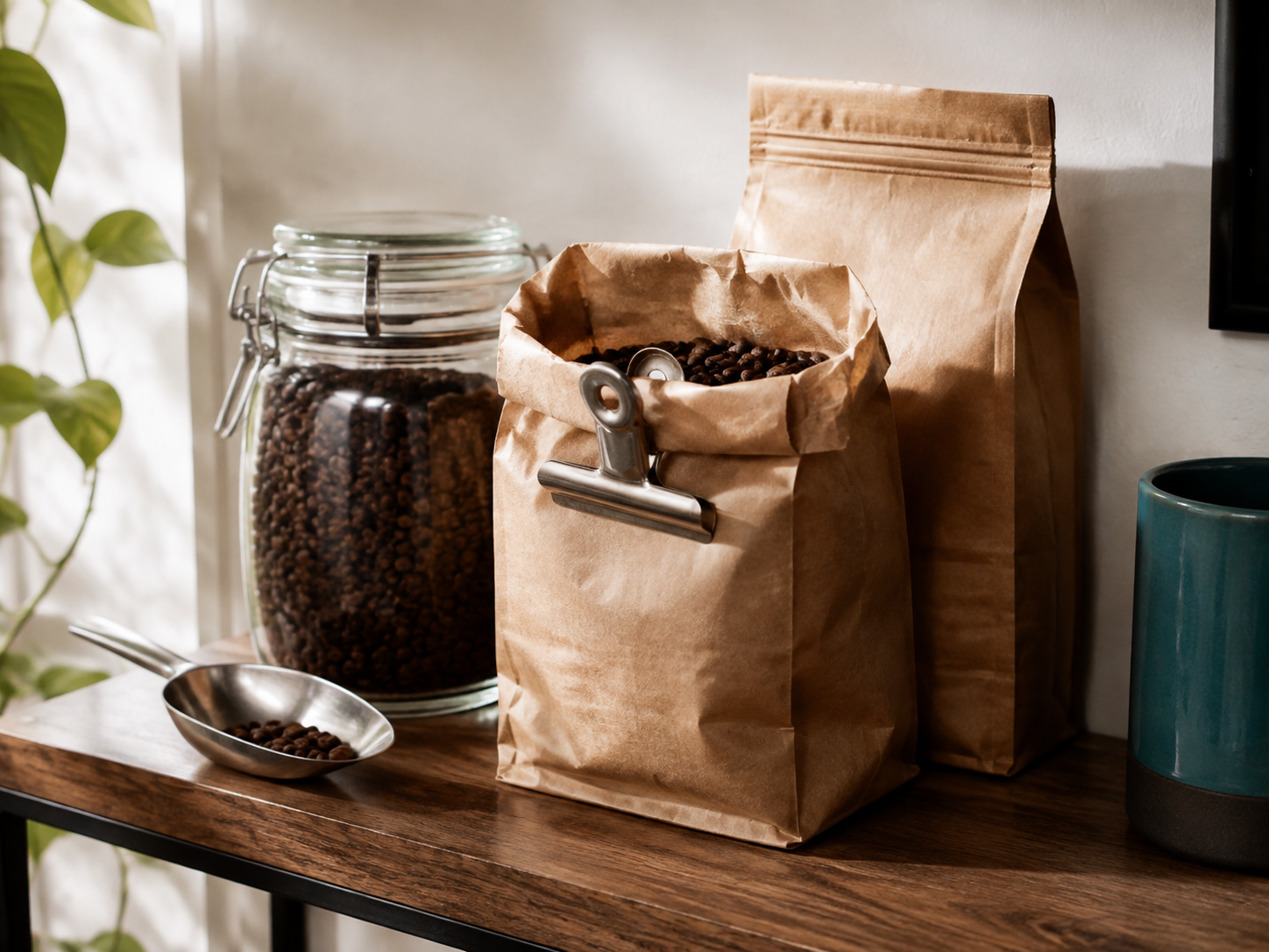 An open coffee bag clipped in front of a sealed bag and an airtight bean jar.