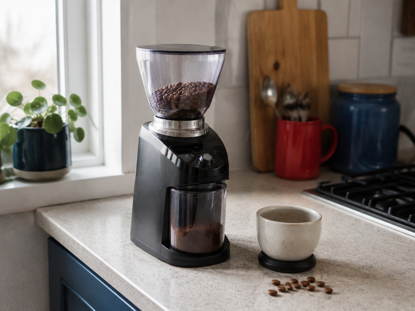 A compact burr grinder with whole coffee beans and a dosing cup on a home kitchen counter.