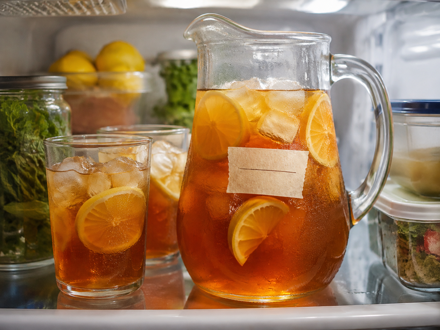 A glass pitcher of lemon iced tea and two glasses stored on a refrigerator shelf.